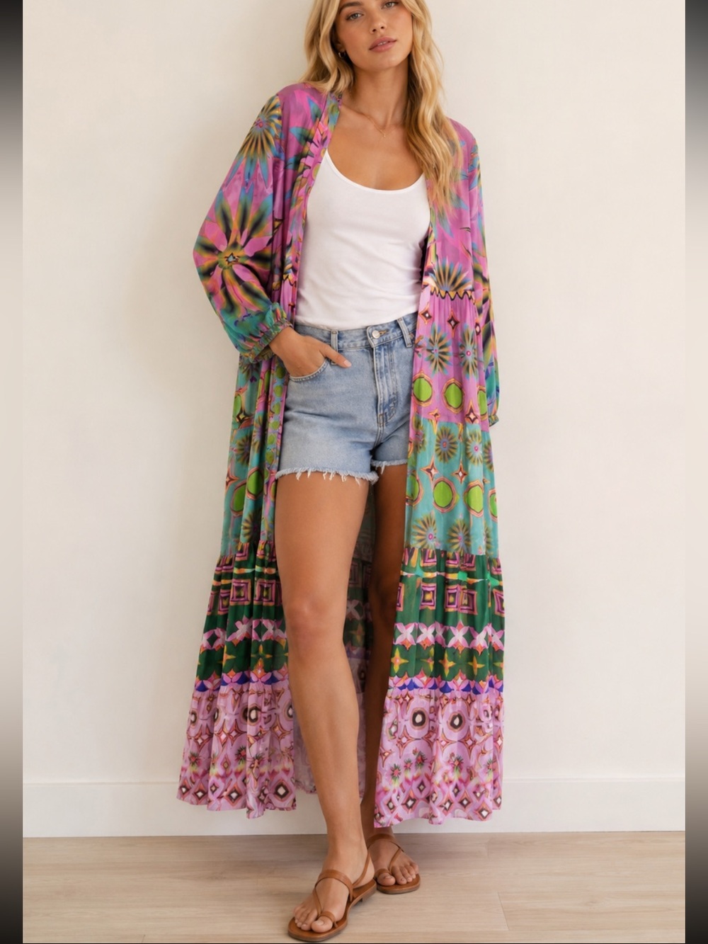 Siddhartha Bansal Mixed Print Button Front Maxi Dress Pink Green 8860